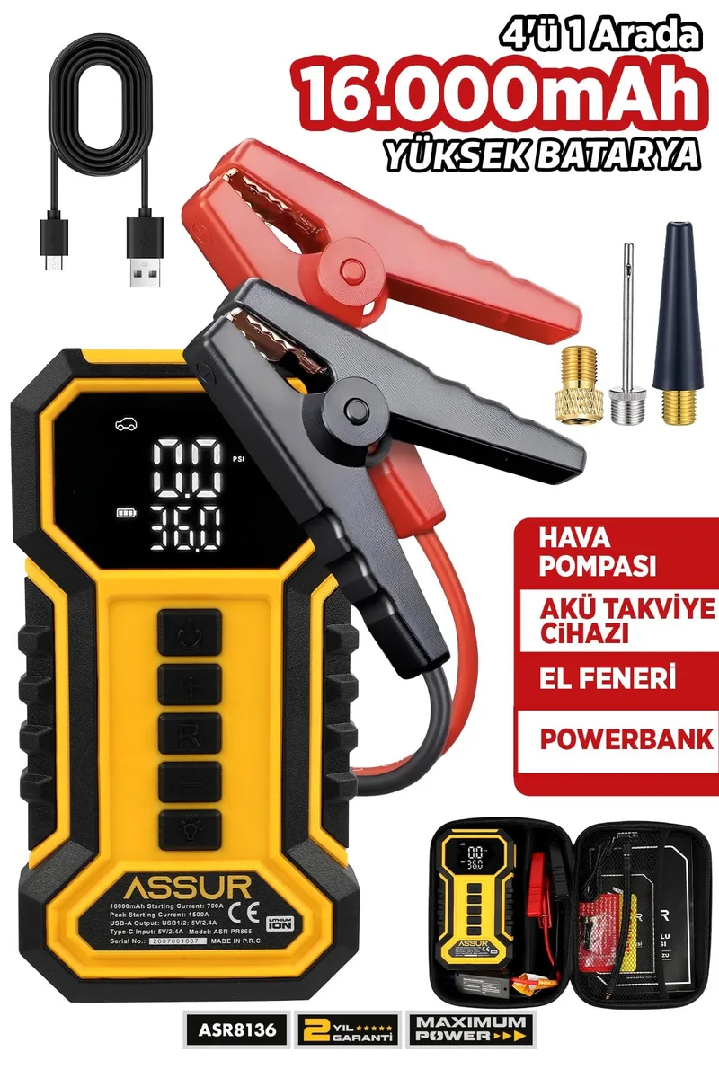 ASSUR 16.000 mAh Taşıma Çantalı Akü Takviye Cihazı | Hava Kompresörü | Powerbank | Led Işık |