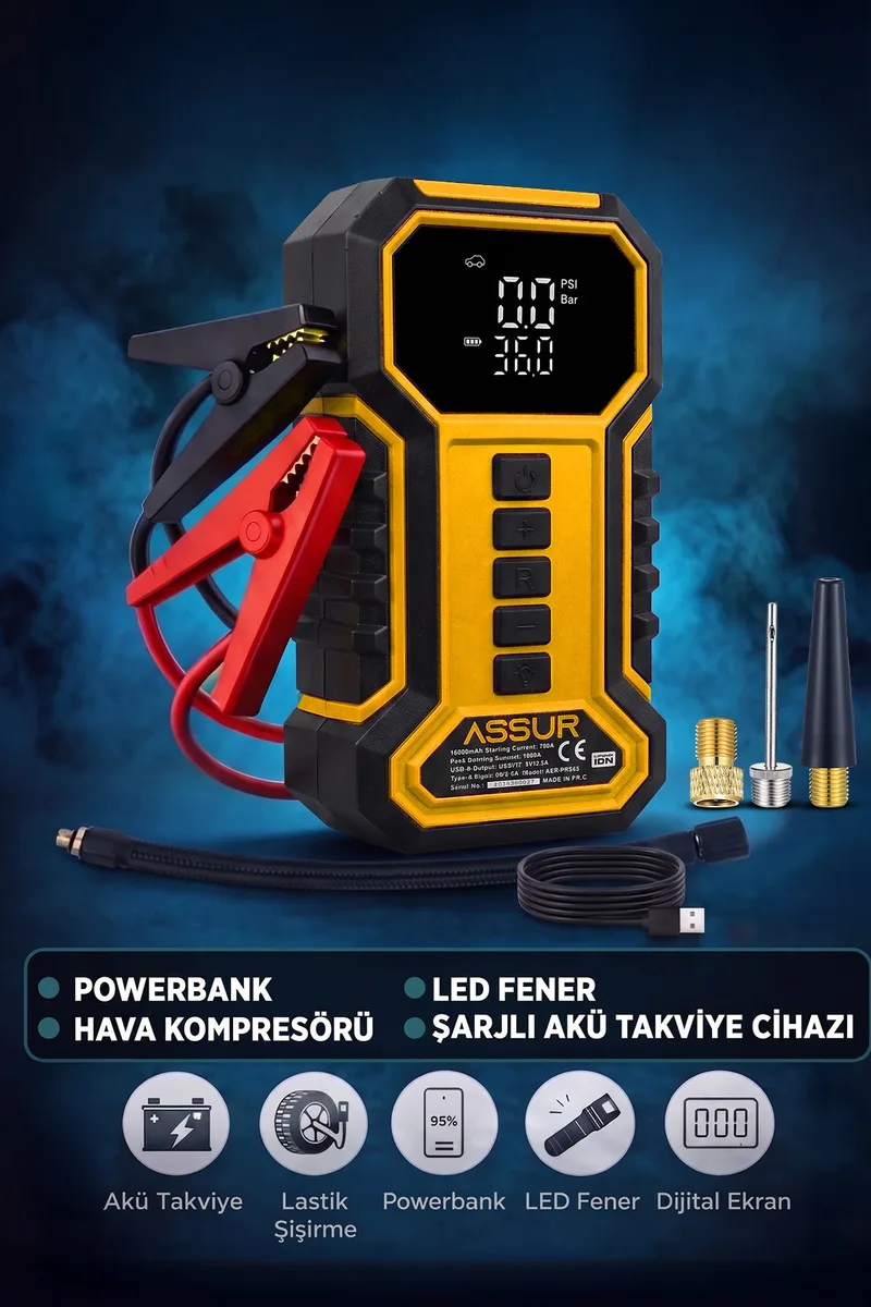 ASSUR 16.000 mAh Taşıma Çantalı Akü Takviye Cihazı | Hava Kompresörü | Powerbank | Led Işık | - Görsel 2