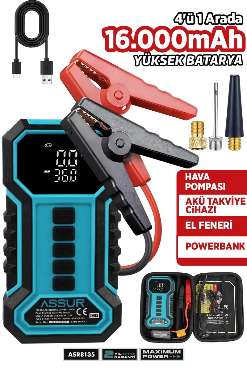 ASSUR 16.000 mAh Taşıma Çantalı Akü Takviye Cihazı | Hava Kompresörü | Powerbank | Led Işık | - Görsel 3