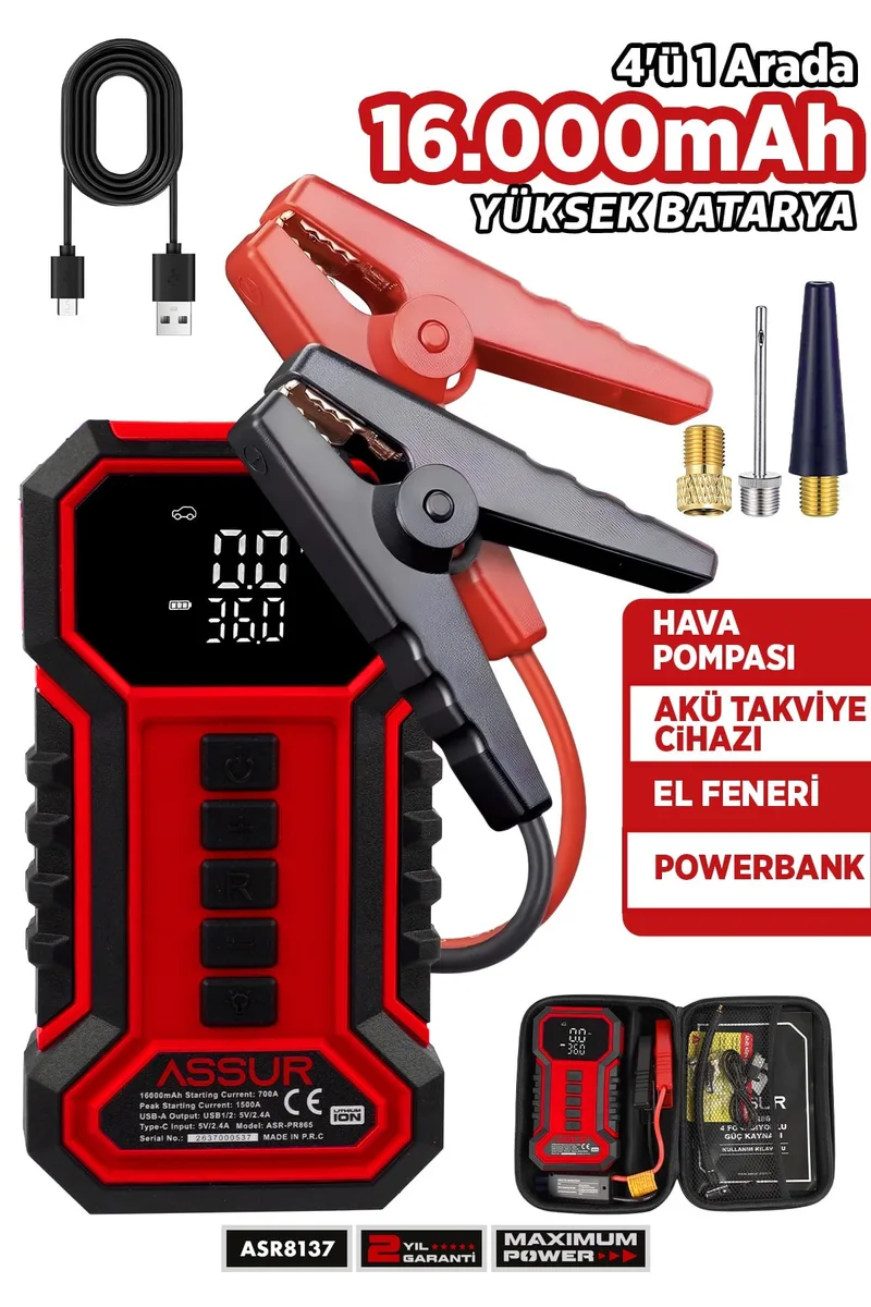 ASSUR 16.000 mAh Taşıma Çantalı Akü Takviye Cihazı | Hava Kompresörü | Powerbank | Led Işık | - Görsel 5