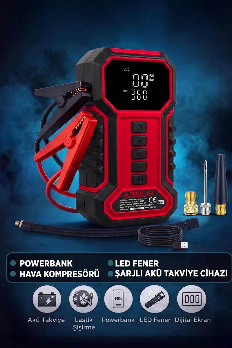ASSUR 16.000 mAh Taşıma Çantalı Akü Takviye Cihazı | Hava Kompresörü | Powerbank | Led Işık | - Görsel 6