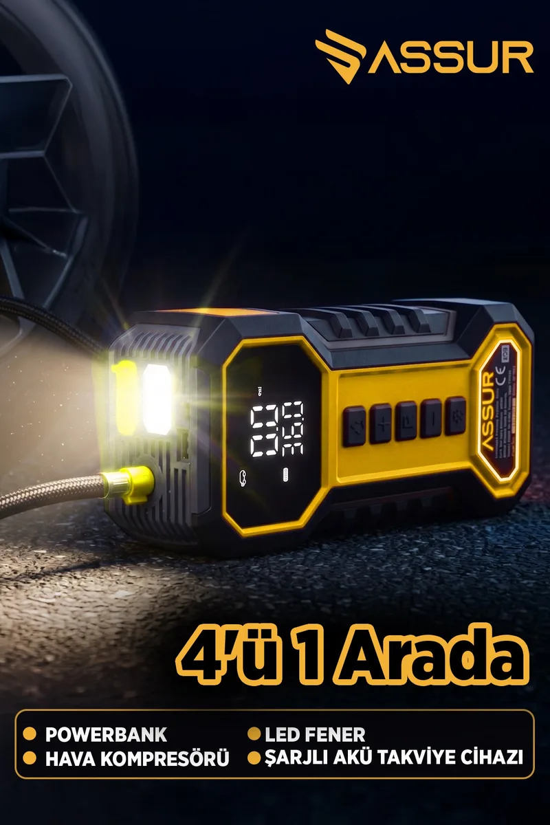 ASSUR 16000mAh Çantalı Akü Takviye Cihazı Hava Kompresörü Powerbank LED Işık - Görsel 2