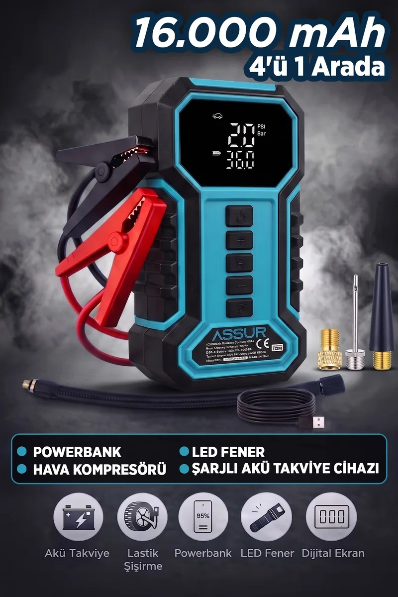 ASSUR 16000mAh Çantalı Akü Takviye Cihazı Hava Kompresörü Powerbank LED Işık - Görsel 3
