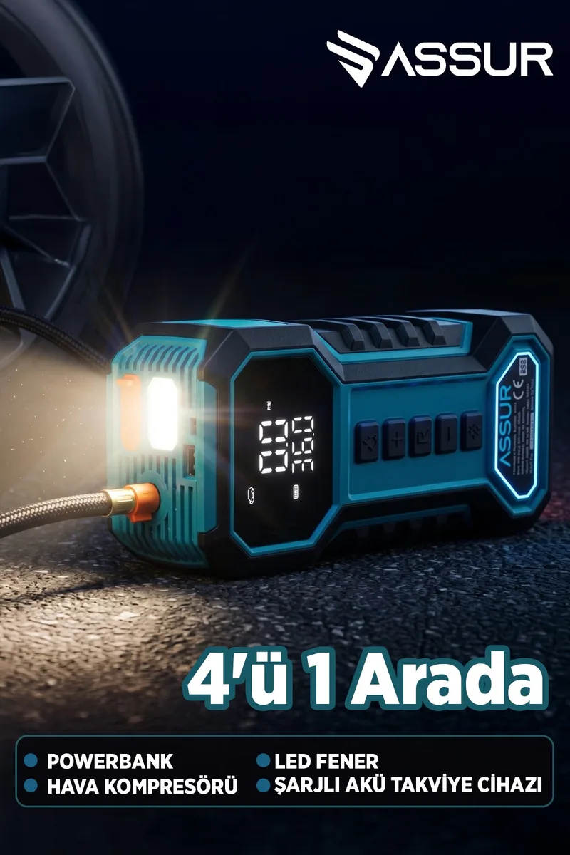 ASSUR 16000mAh Çantalı Akü Takviye Cihazı Hava Kompresörü Powerbank LED Işık - Görsel 4