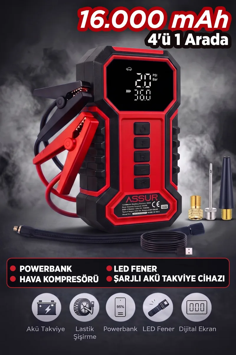 ASSUR 16000mAh Çantalı Akü Takviye Cihazı Hava Kompresörü Powerbank LED Işık - Görsel 5