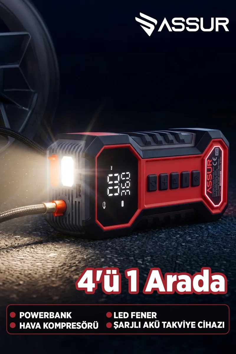 ASSUR 16000mAh Çantalı Akü Takviye Cihazı Hava Kompresörü Powerbank LED Işık - Görsel 6