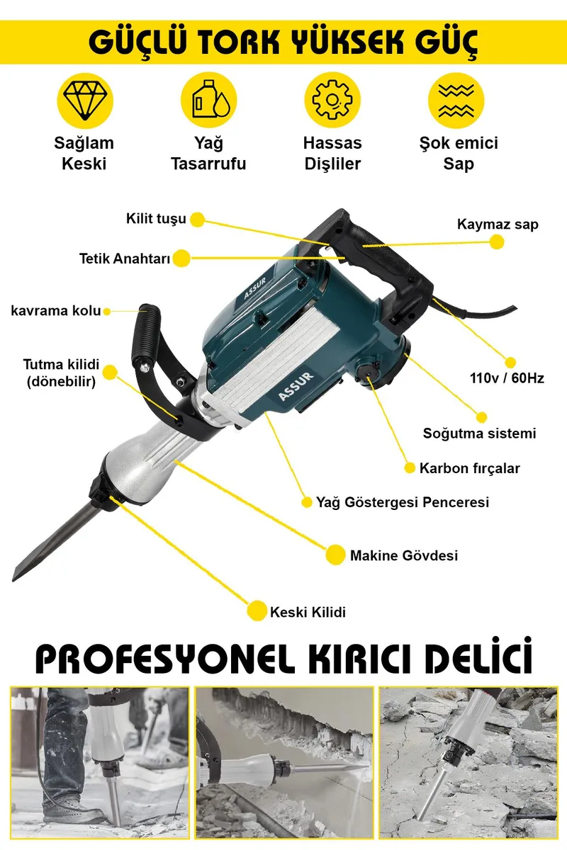 Assur 1800W Darbeli 16 Kg Kırıcı Delici Hilti - Görsel 6