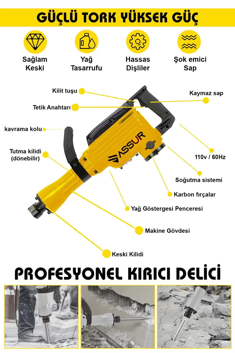 ASSUR 1800W Darbeli 16 kg Kırıcı Delici Hilti - Görsel 5