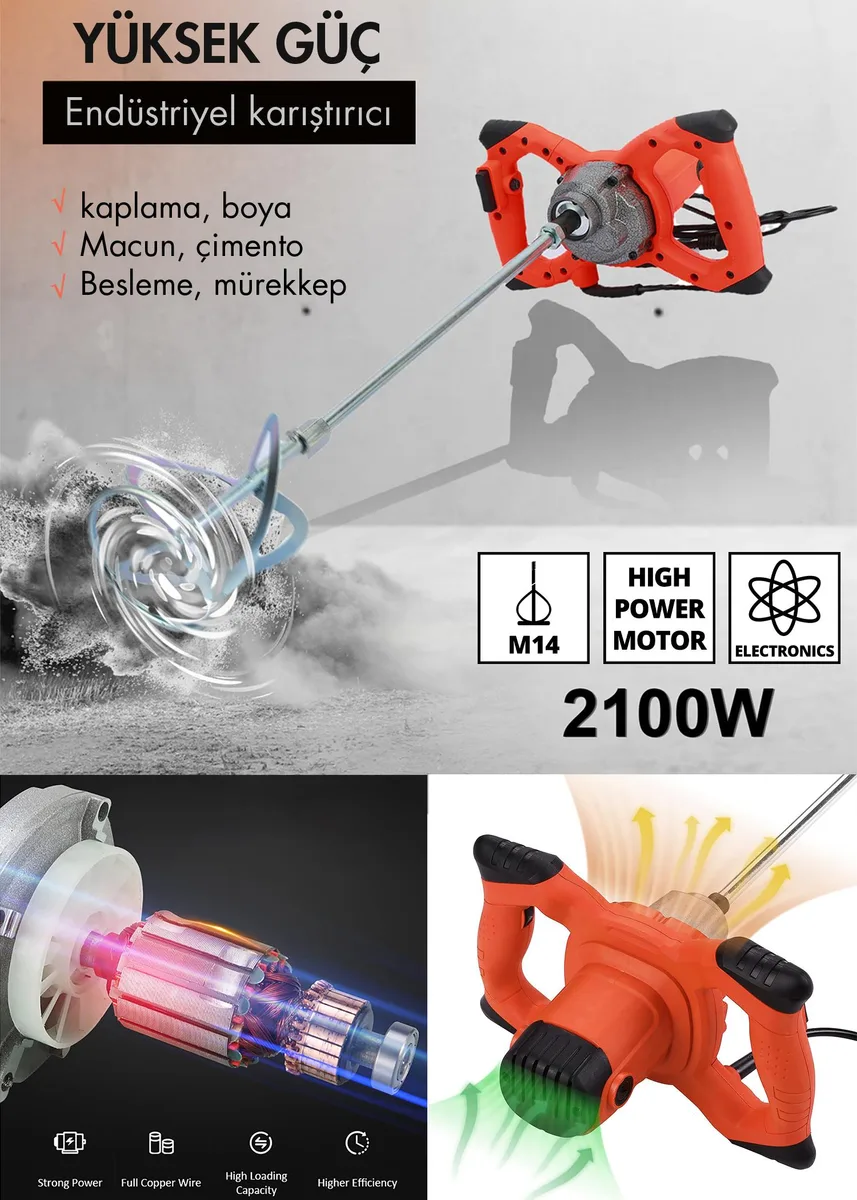 ASSUR 1800W Profesyonel Devir Ayarlı Elektrikli Alçı Boya Ve Harç Karıştırıcı Mikser - Görsel 8