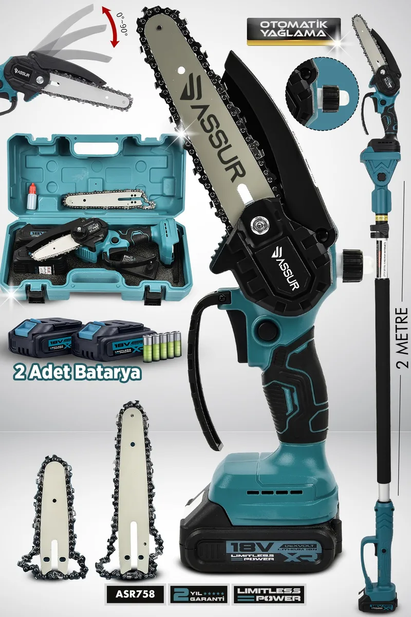 ASSUR 18V 15cm Pala Boyu Çift Akülü Ağaç Dal Kesme Budama Testeresi Ve Teleskopik Kollu - Görsel 7
