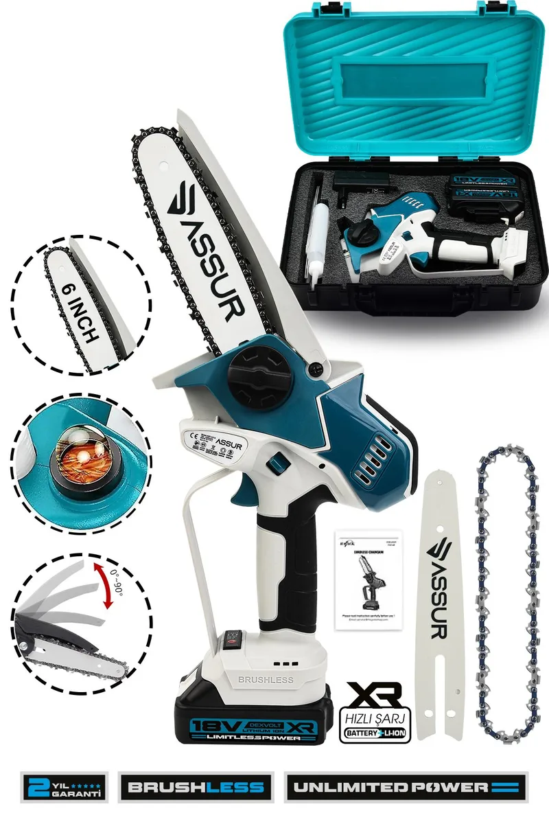 ASSUR 18V 15cm Pala Boyu Metal Dişli Çift Akülü Kömürsüz Mavi Dal Budama Testeresi