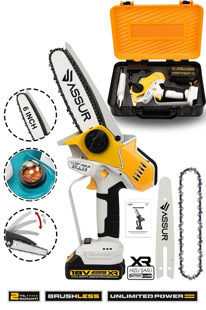 ASSUR 18V 15cm Pala Boyu Metal Dişli Çift Akülü Kömürsüz Sarı Dal Budama Testeresi