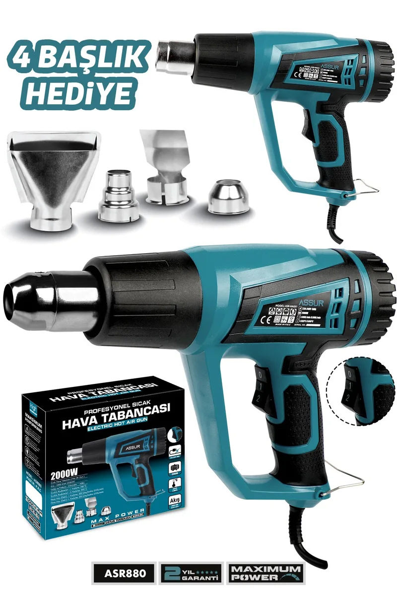 ASSUR 2000W 2 Kademeli 4 Başlıklı Sıcak Hava Tabancası