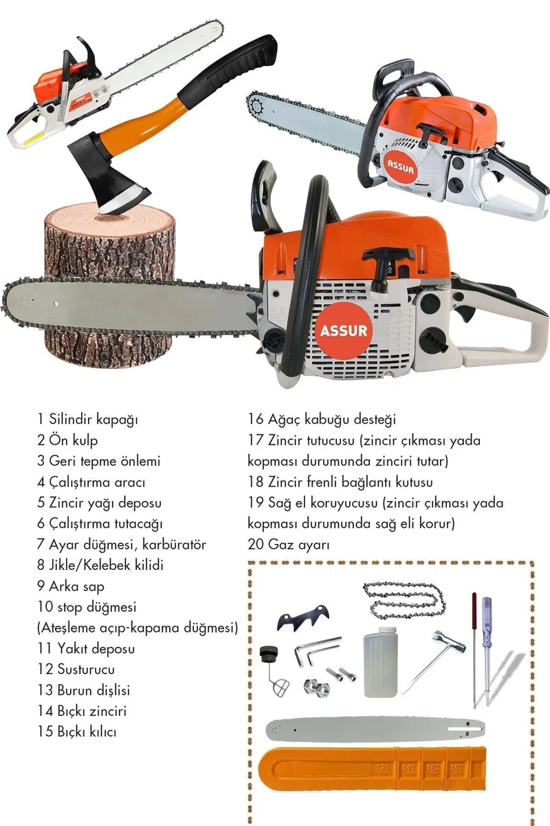 ASSUR 2000W 52 Cc Benzinli Ağaç Odun Dal Kesme 45cm Pala Boyu Testere - Görsel 2