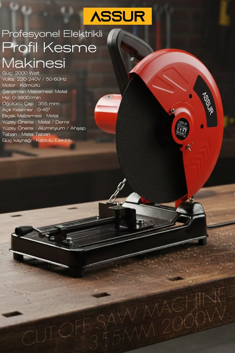 ASSUR 2000W Bakır Sargılı Metal Şanzıman 355mm Profil Metal Kesme Makinesi Kırmızı - Görsel 2