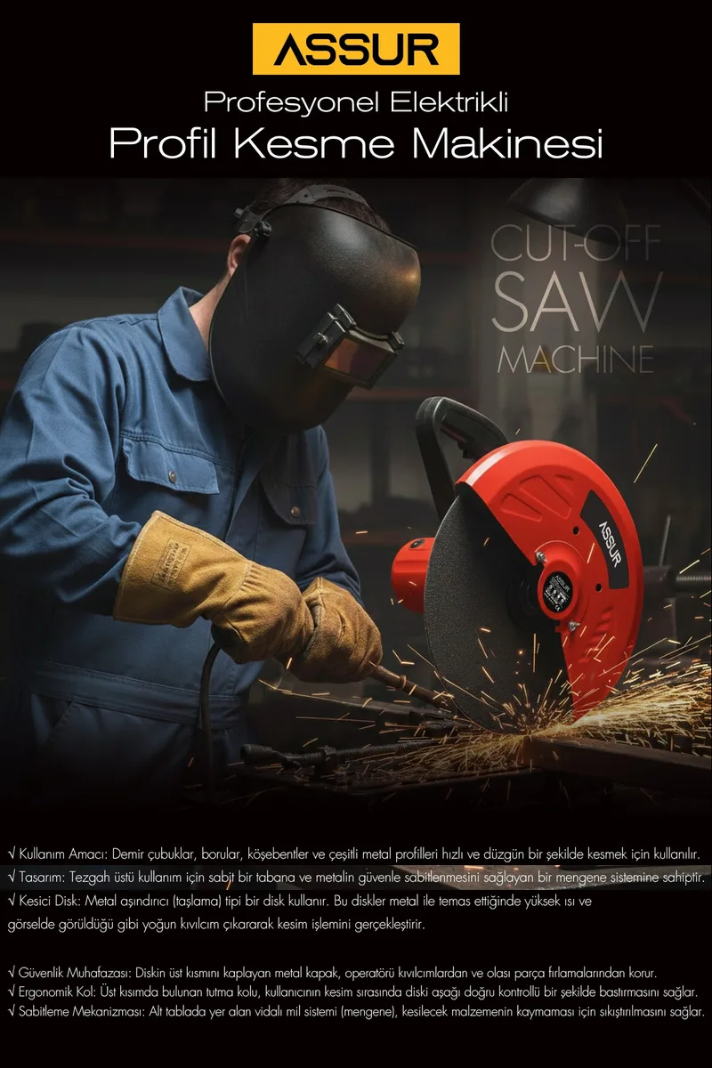 ASSUR 2000W Bakır Sargılı Metal Şanzıman 355mm Profil Metal Kesme Makinesi Kırmızı - Görsel 3