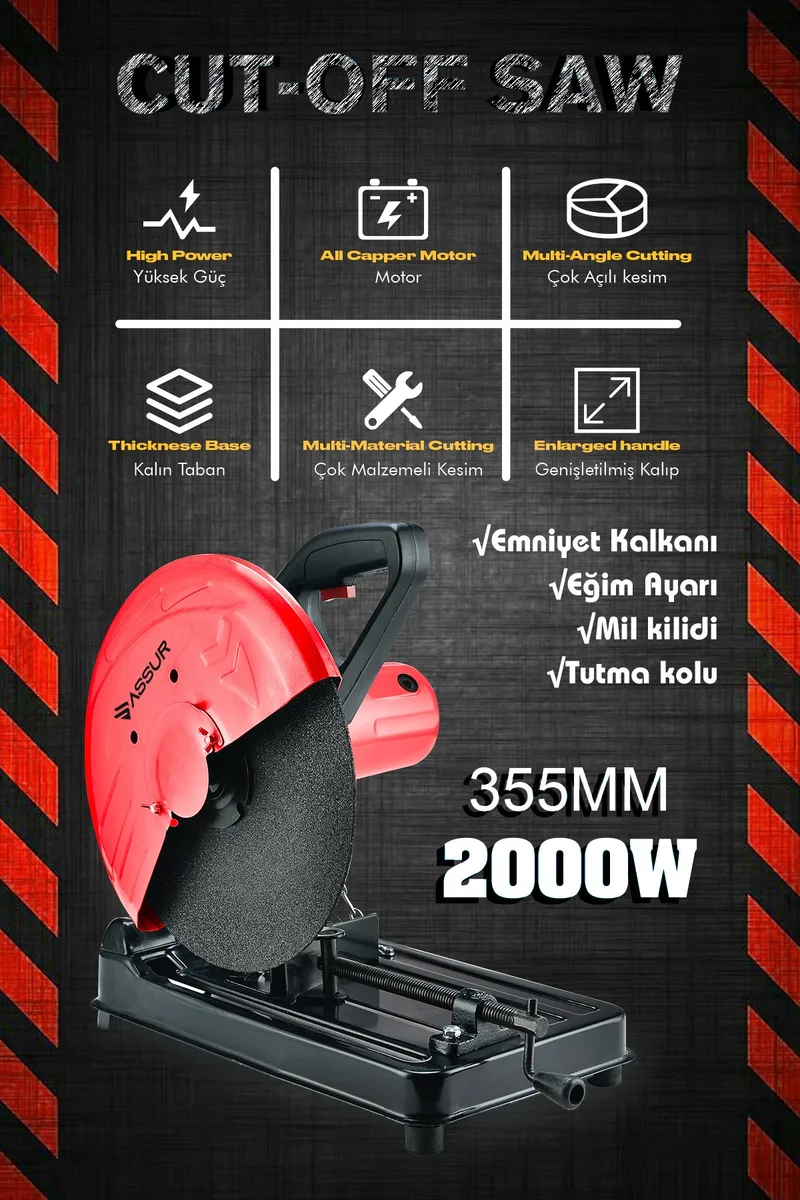 ASSUR 2000W Bakır Sargılı Metal Şanzıman 355mm Profil Metal Kesme Makinesi Kırmızı - Görsel 4