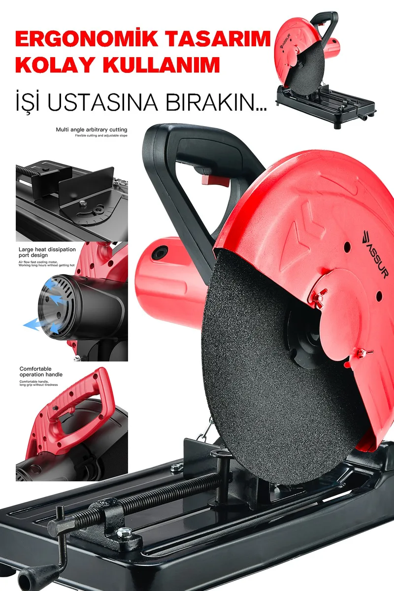 ASSUR 2000W Bakır Sargılı Metal Şanzıman 355mm Profil Metal Kesme Makinesi Kırmızı - Görsel 5