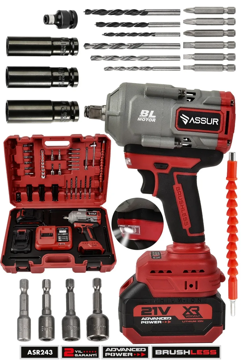 ASSUR 21V 1100 Nm Torklu Çift Akülü 10 Pilli 1/2 Kırmızı Somun Sıkma Makinesi