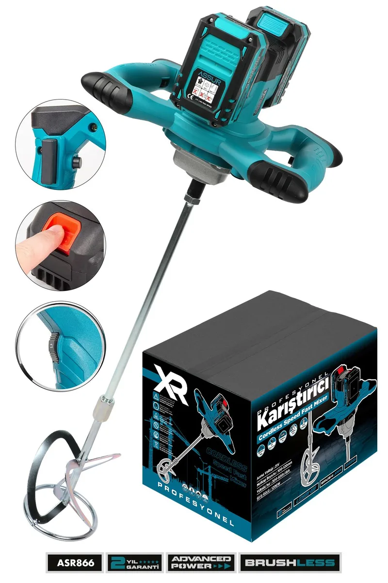ASSUR 21V 1200W Çift Akülü Kablosuz Karıştırıcı Mikser Harç, Boya Ve Alçı Karıştırma Makinesi