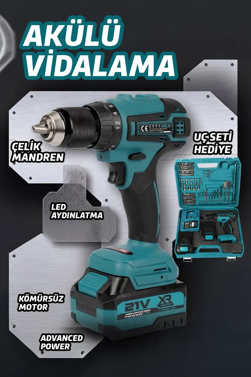ASSUR 21V 13mm Mandren Çift Akülü Vidalama Kömürsüz Matkap - Görsel 2