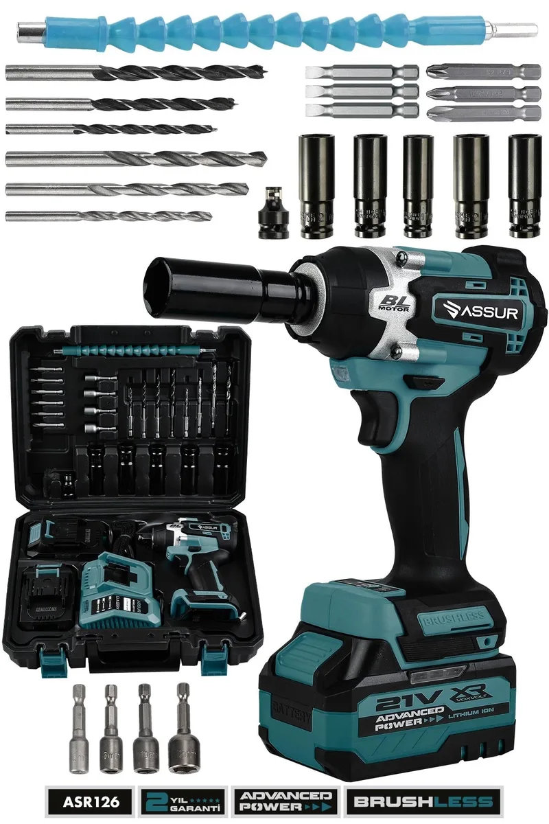 ASSUR 21V 450 Nm Torklu Çift Akülü 10 Pilli Kömürsüz 1/2 Mavi Somun Sıkma Makinesi