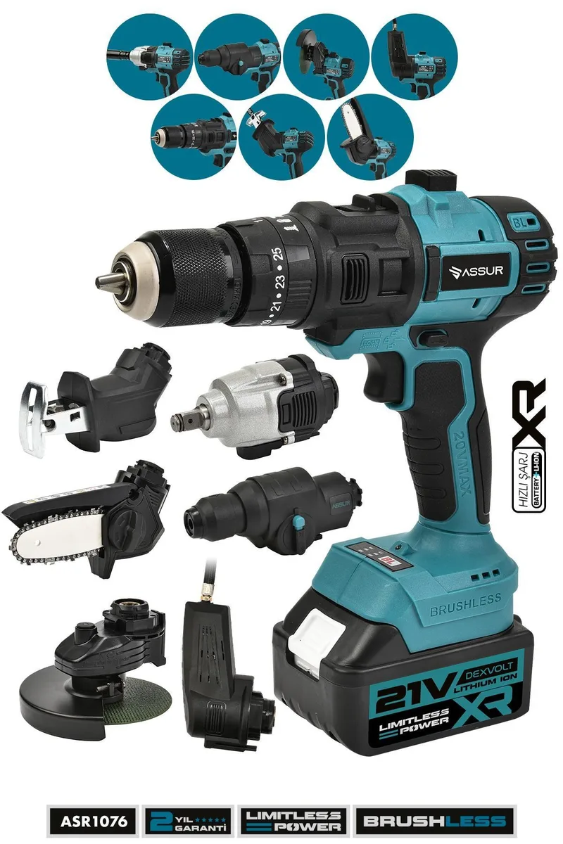 ASSUR 21V 7 Başlıklı Set Hilti Taşlama Somun Sıkma Tilki Kuyruğu Budama Vidalama Hava Pompası