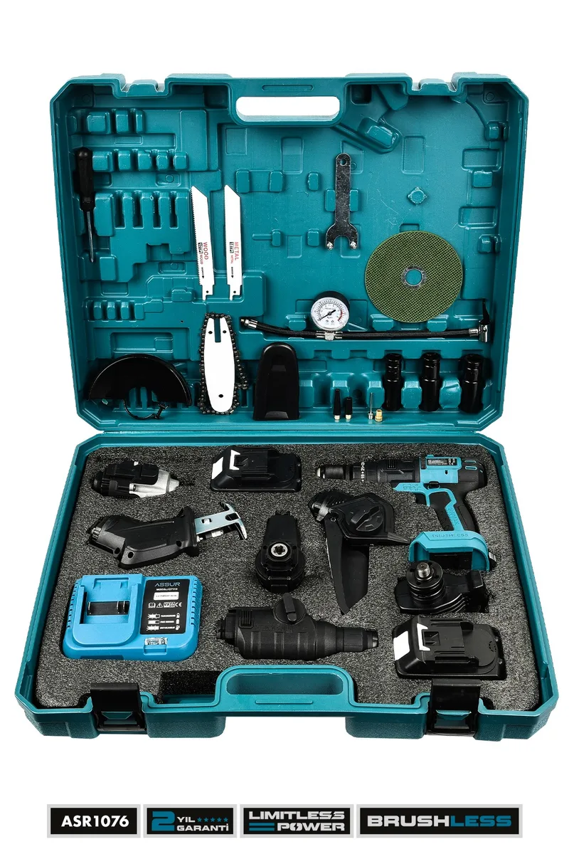 ASSUR 21V 7 Başlıklı Set Hilti Taşlama Somun Sıkma Tilki Kuyruğu Budama Vidalama Hava Pompası - Görsel 2