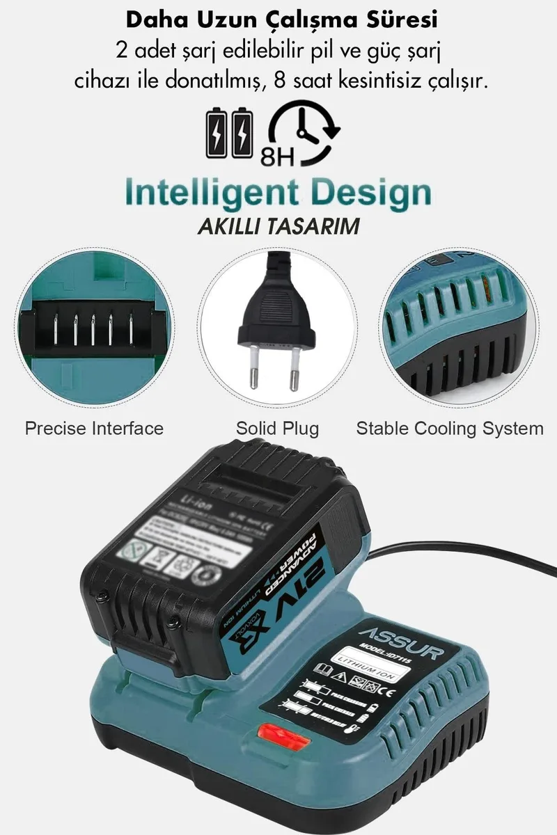 ASSUR 21V 7 Başlıklı Set Hilti Taşlama Somun Sıkma Tilki Kuyruğu Budama Vidalama Hava Pompası - Görsel 3