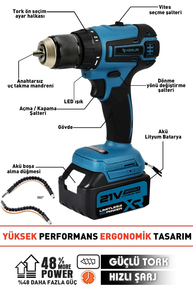Assur 21V Akülü Vidalama Kömürsüz Motor Şarjlı Matkap - Görsel 3
