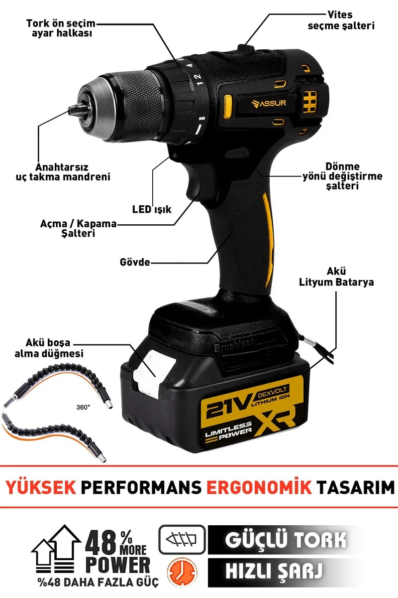 Assur 21V Akülü Vidalama Kömürsüz Motor Şarjlı Matkap - Görsel 8