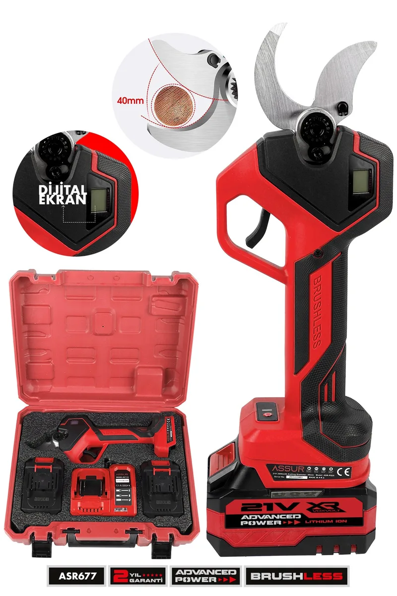 ASSUR 21V Çift Akülü 40mm Ağaç Odun Dal Kesme Makinesi Dijital Budama Makası Kırmızı