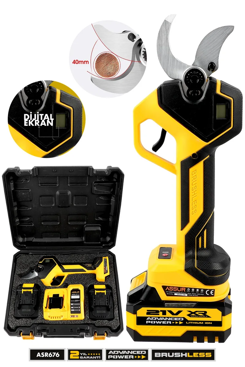 ASSUR 21V Çift Akülü 40mm Ağaç Odun Dal Kesme Makinesi Dijital Budama Makası Sarı