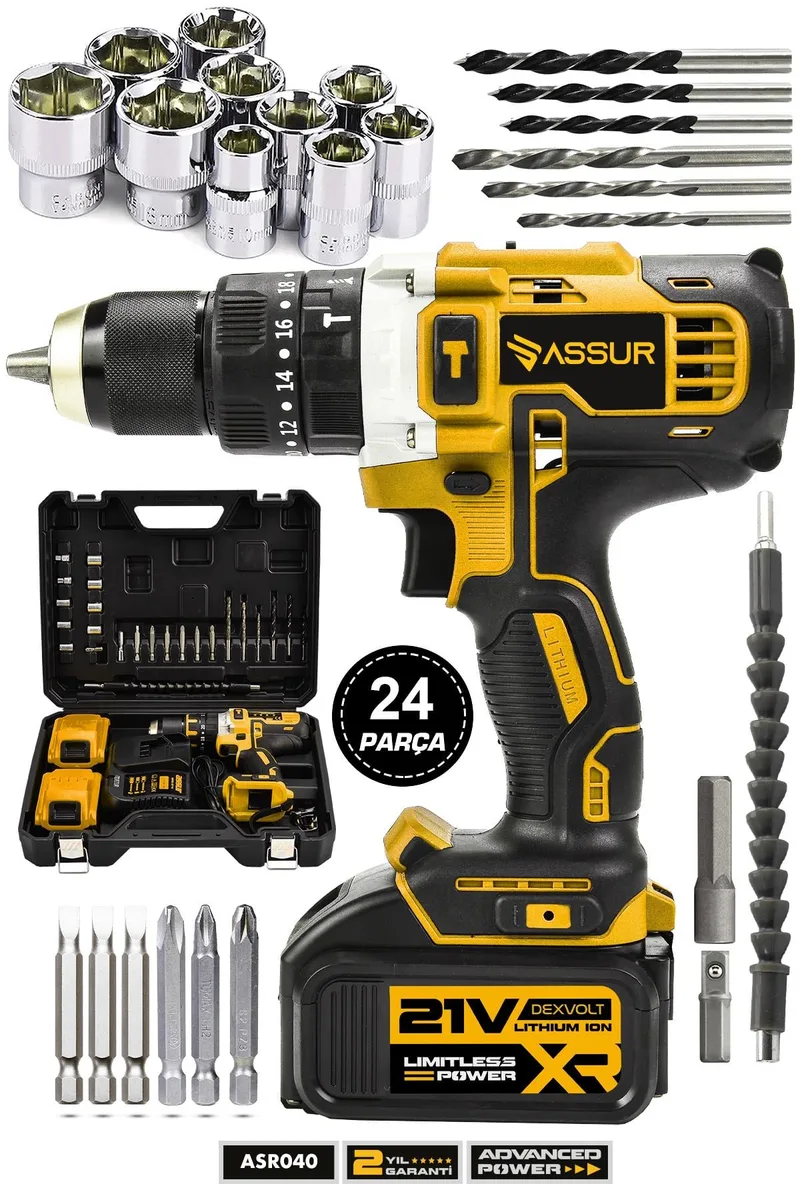 Assur 21V Çift Akülü Metal Şanzıman Şarjlı Darbeli Matkap Vidalama
