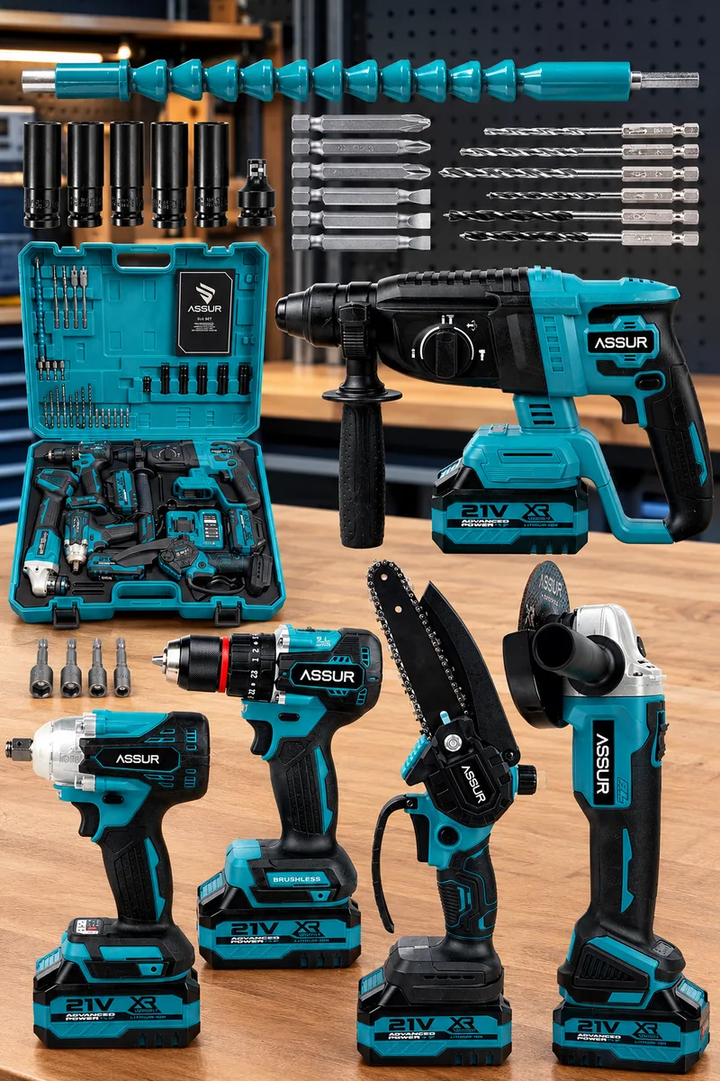 Assur 21V Darbeli 5'li Set Kırıcı Delici Hilti - Matkap - Testere - Taşlama - Somun Sıkma Sökme