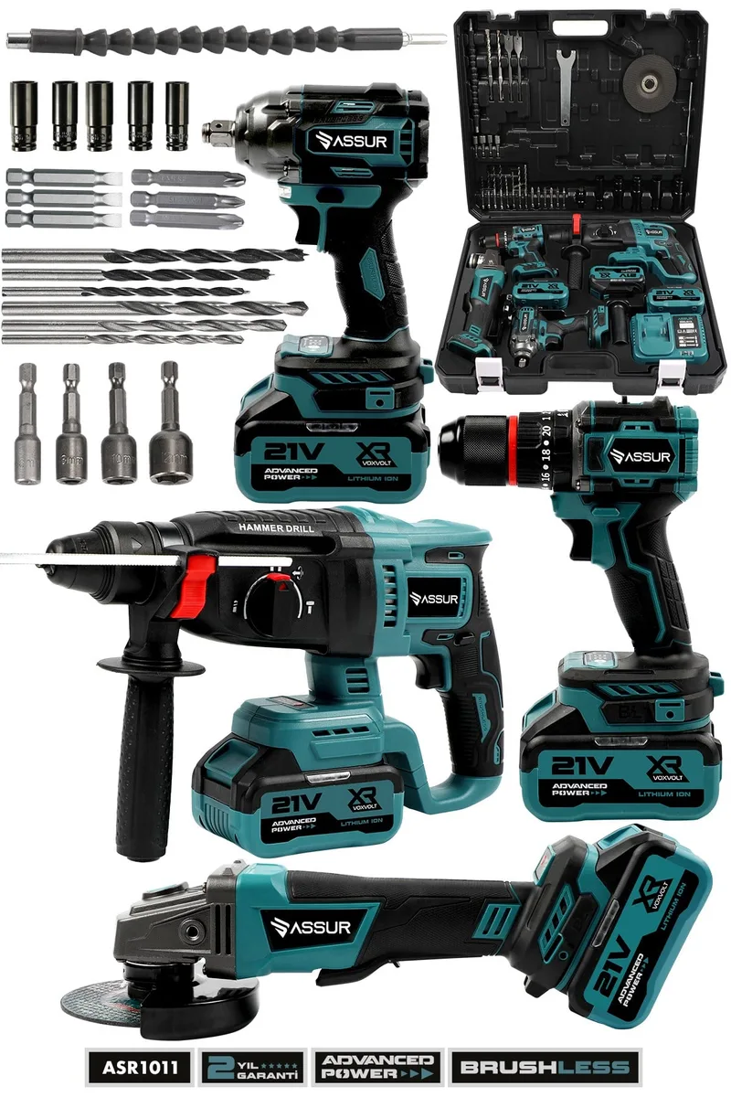 Assur 21V Darbeli Kömürsüz Kırıcı Delici Hilti & Taşlama & Matkap & Somun Sıkma Sökme 4'lü Set