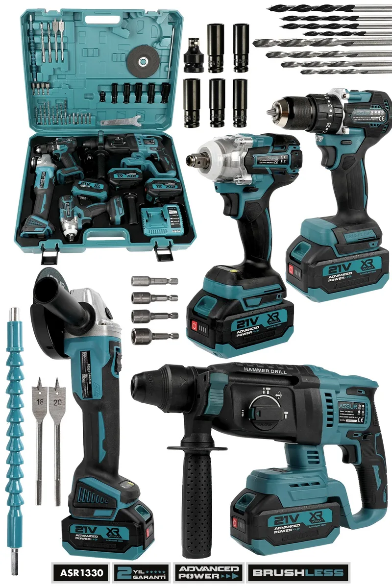 ASSUR 21V Darbeli Kömürsüz Kırıcı Delici Hilti Ve Taşlama Ve Matkap Ve Somun Sıkma 4'lü Set