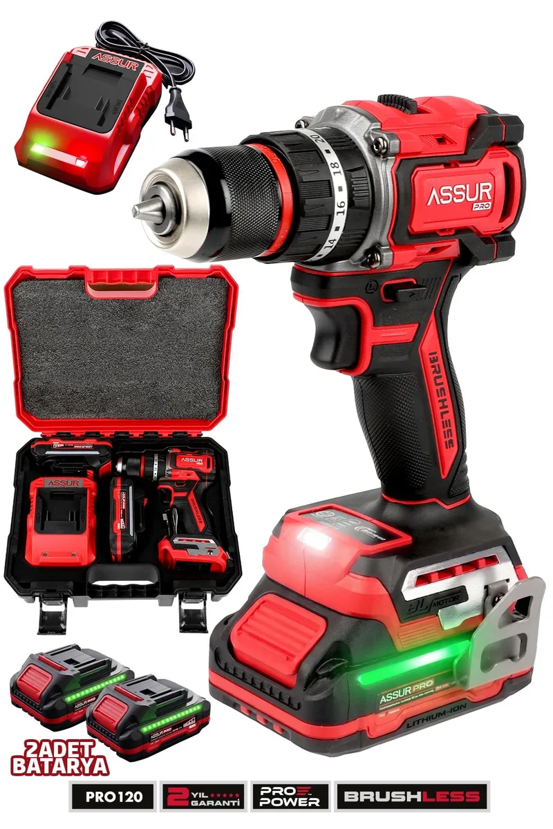ASSUR 21V Pro Seri Kömürsüz 10mm Mandren Çift Akülü LED Işıklı Taşıma Çantalı Darbeli Matkap