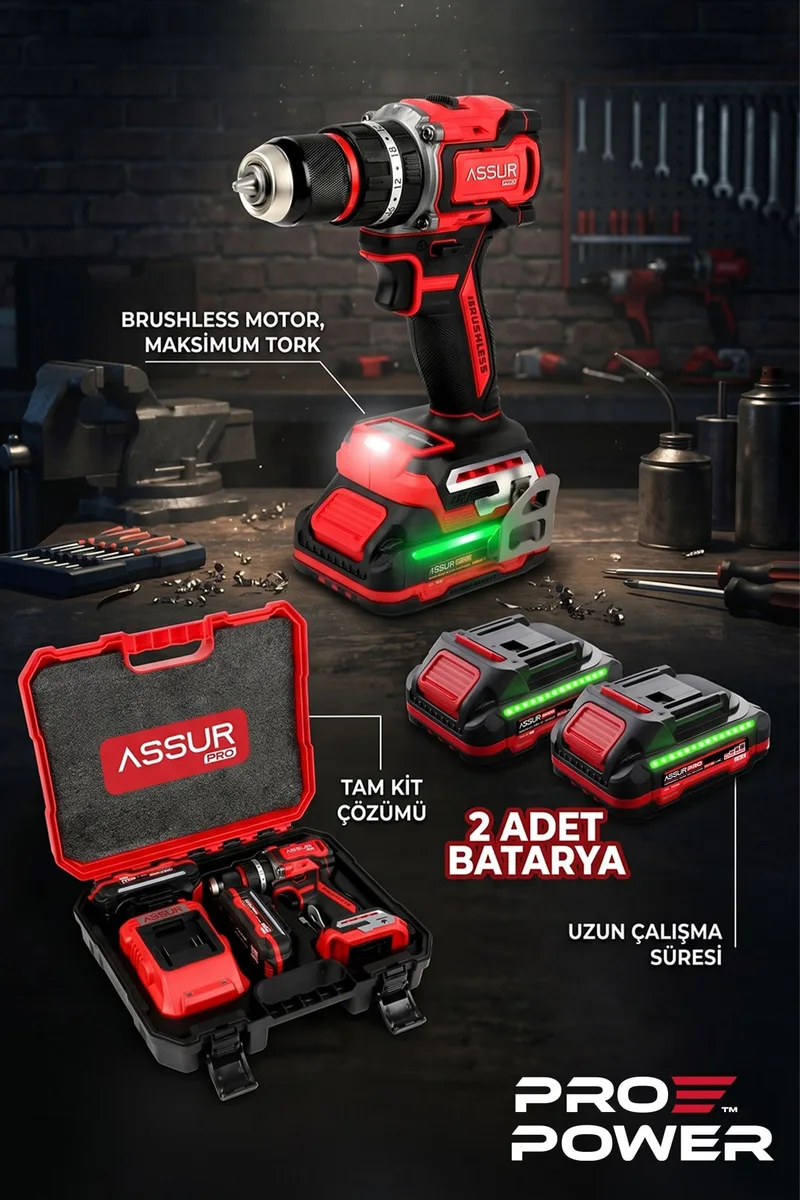 ASSUR 21V Pro Seri Kömürsüz 10mm Mandren Çift Akülü LED Işıklı Taşıma Çantalı Darbeli Matkap - Görsel 2