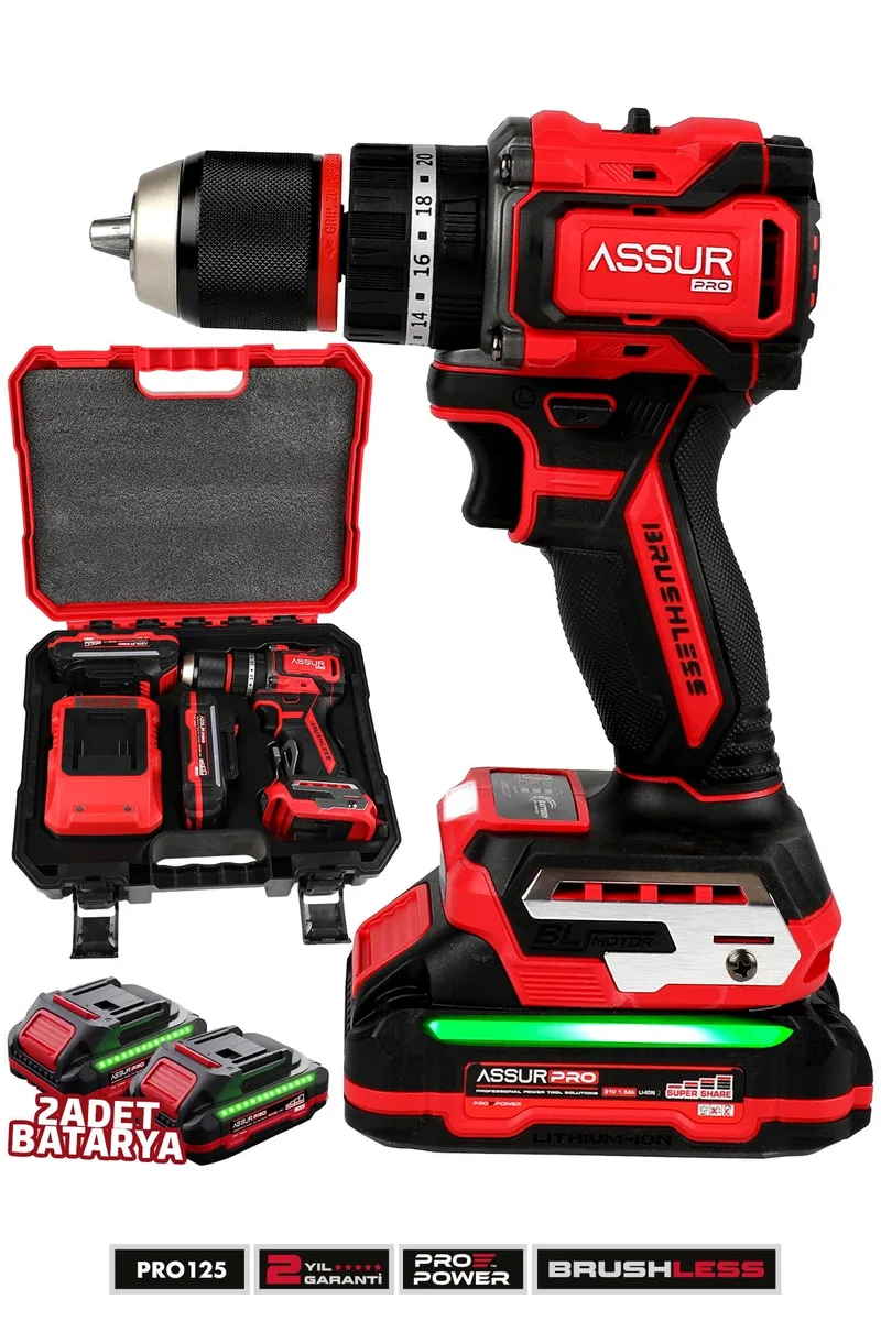 ASSUR 21V Pro Seri Kömürsüz Çift Akülü 13mm Mandren LED Işıklı Taşıma Çantalı Darbeli Matkap