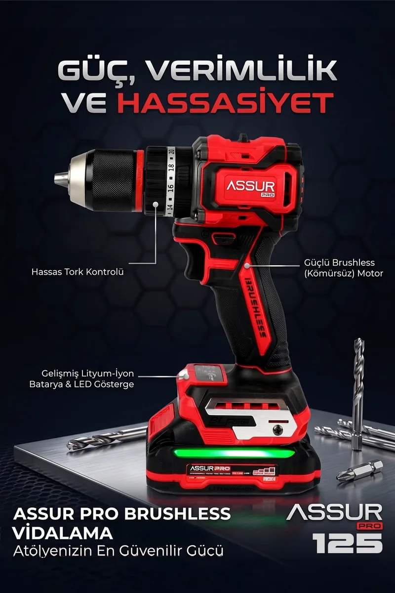 ASSUR 21V Pro Seri Kömürsüz Çift Akülü 13mm Mandren LED Işıklı Taşıma Çantalı Darbeli Matkap - Görsel 2