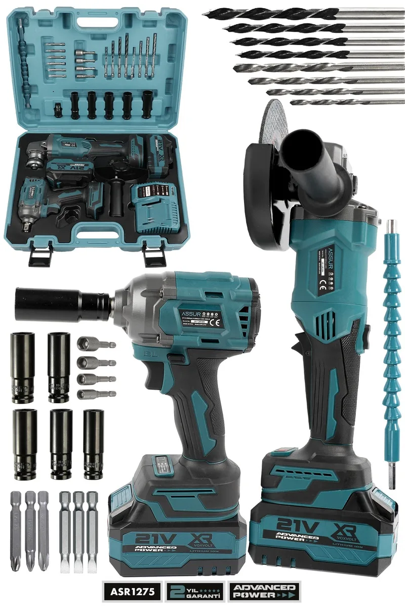 ASSUR 21V Profesyonel Çift Akülü Kömürsüz 125mm Taşlama + Darbeli 450 Nm Tork Somun Sıkma 2'li Set