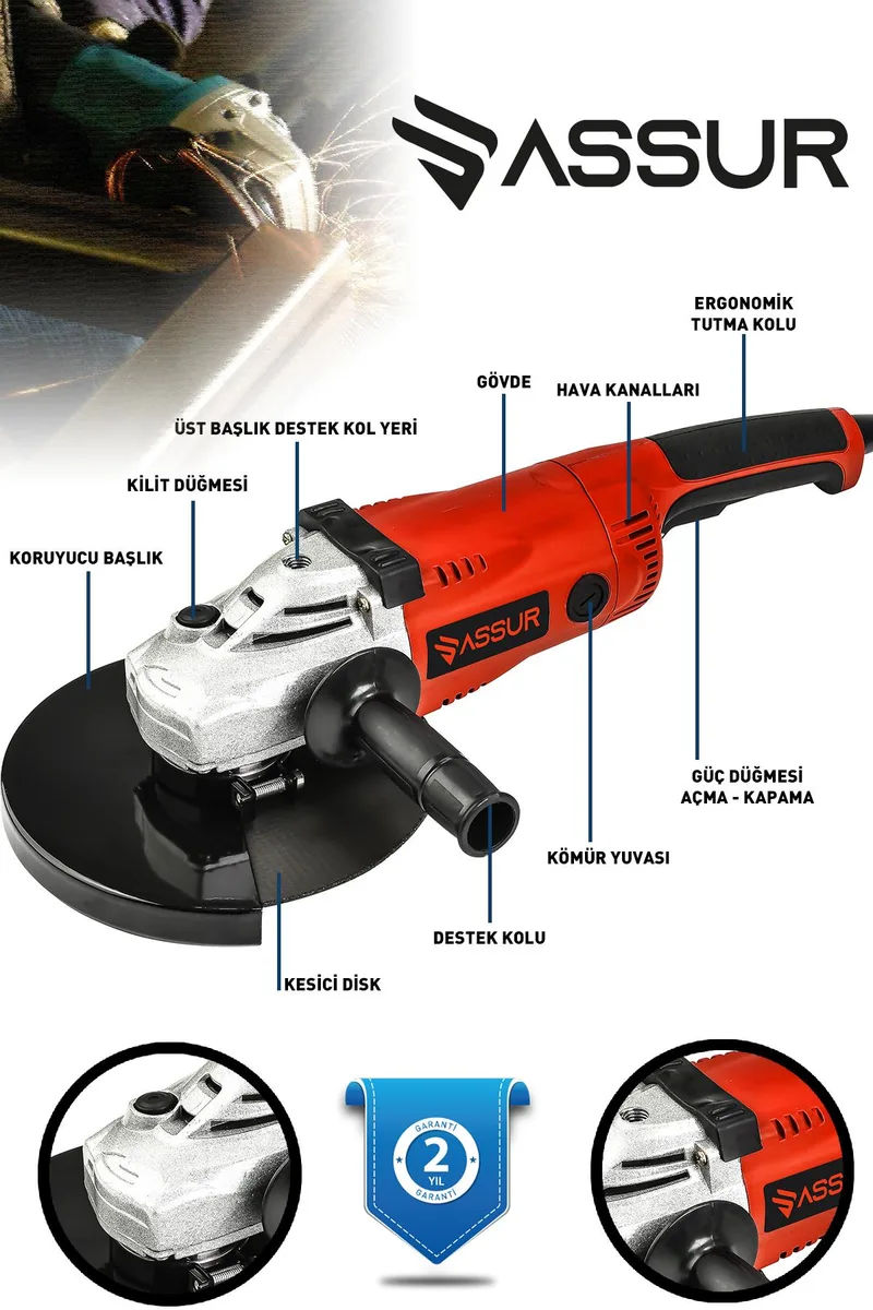 Assur 2200W Metal Şanzıman 230mm Büyük Spiral Taşlama - Görsel 4