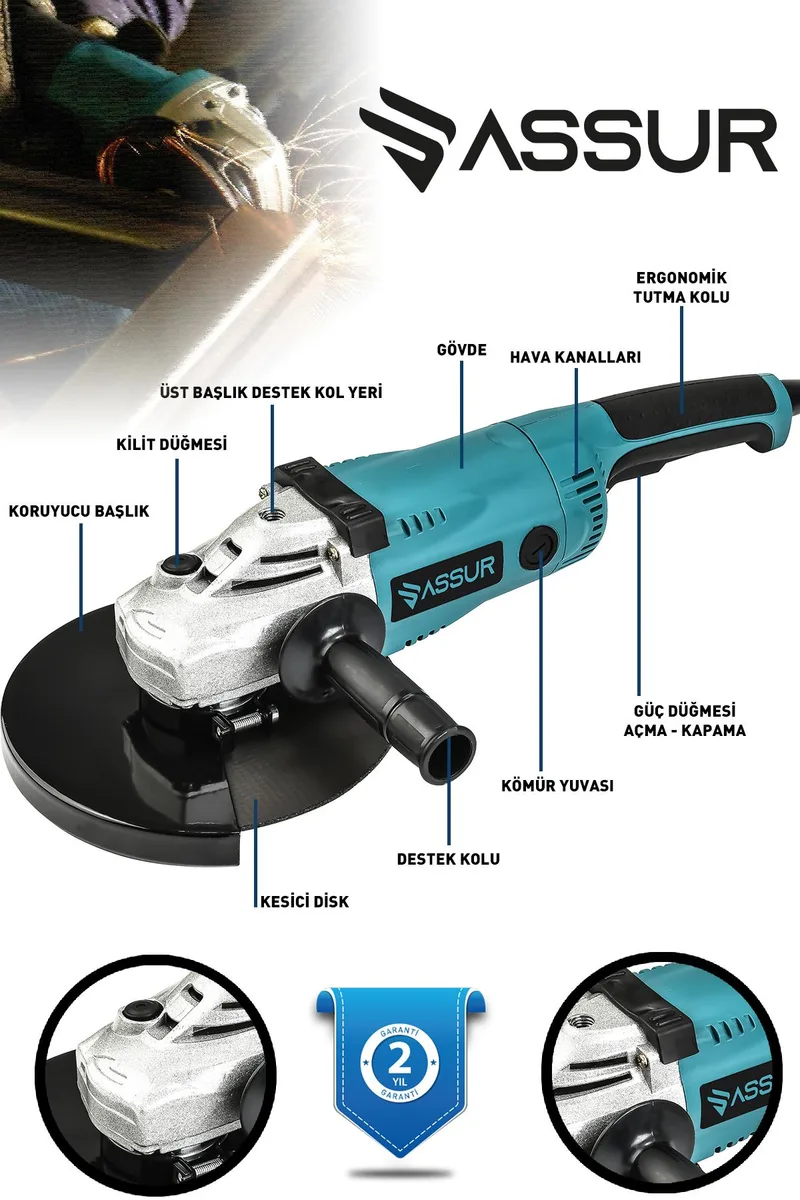ASSUR 2200W Metal Şanzıman 230mm Disk Çapı Büyük Spiral Taşlama - Görsel 2