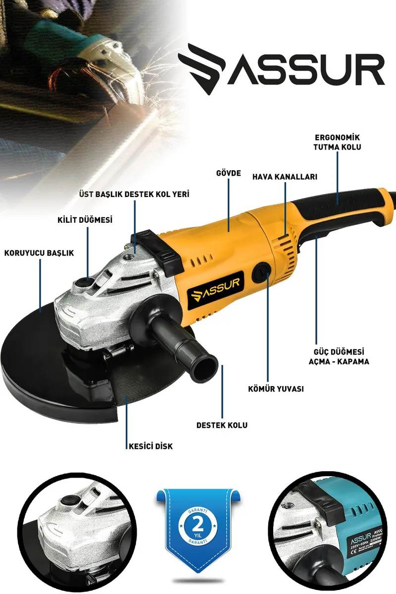 ASSUR 2200W Metal Şanzıman 230mm Disk Çapı Büyük Spiral Taşlama - Görsel 4
