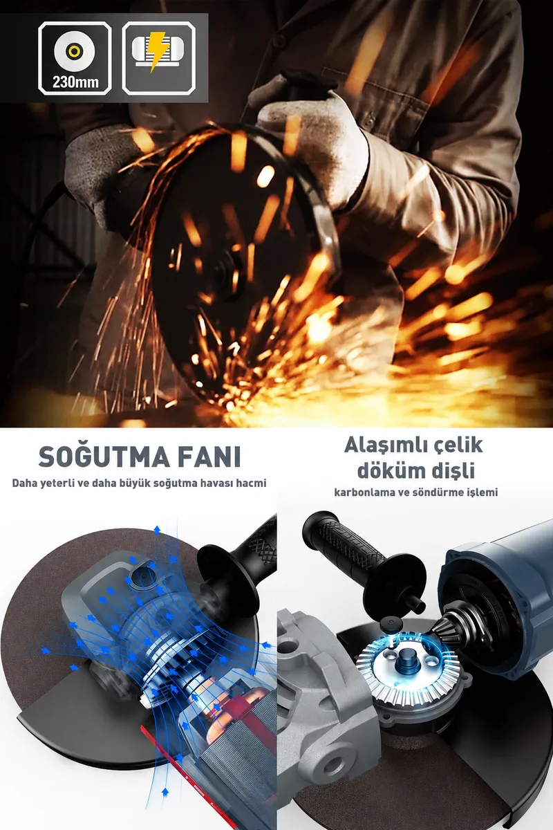 ASSUR 2200W Metal Şanzıman 230mm Disk Çapı Büyük Spiral Taşlama Çantalı - Görsel 5