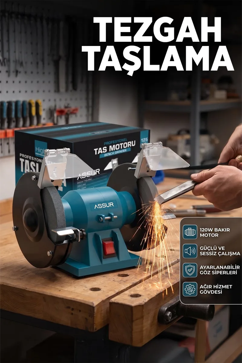 ASSUR 220W 125mm Disk Çapı Zımpara Balta Bıçak Bileme Makinesi Taş Motoru Tezgah Üstü Taşlama - Görsel 2