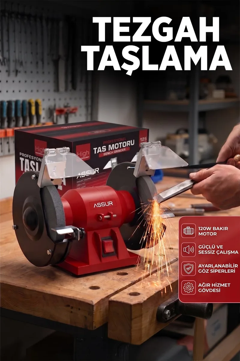ASSUR 220W 125mm Disk Çapı Zımpara Balta Bıçak Bileme Makinesi Taş Motoru Tezgah Üstü Taşlama - Görsel 5