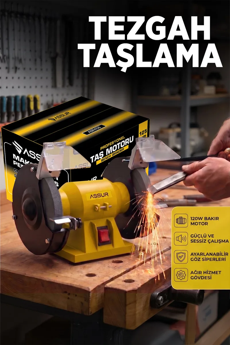ASSUR 220W 125mm Disk Çapı Zımpara Balta Bıçak Bileme Makinesi Taş Motoru Tezgah Üstü Taşlama - Görsel 8
