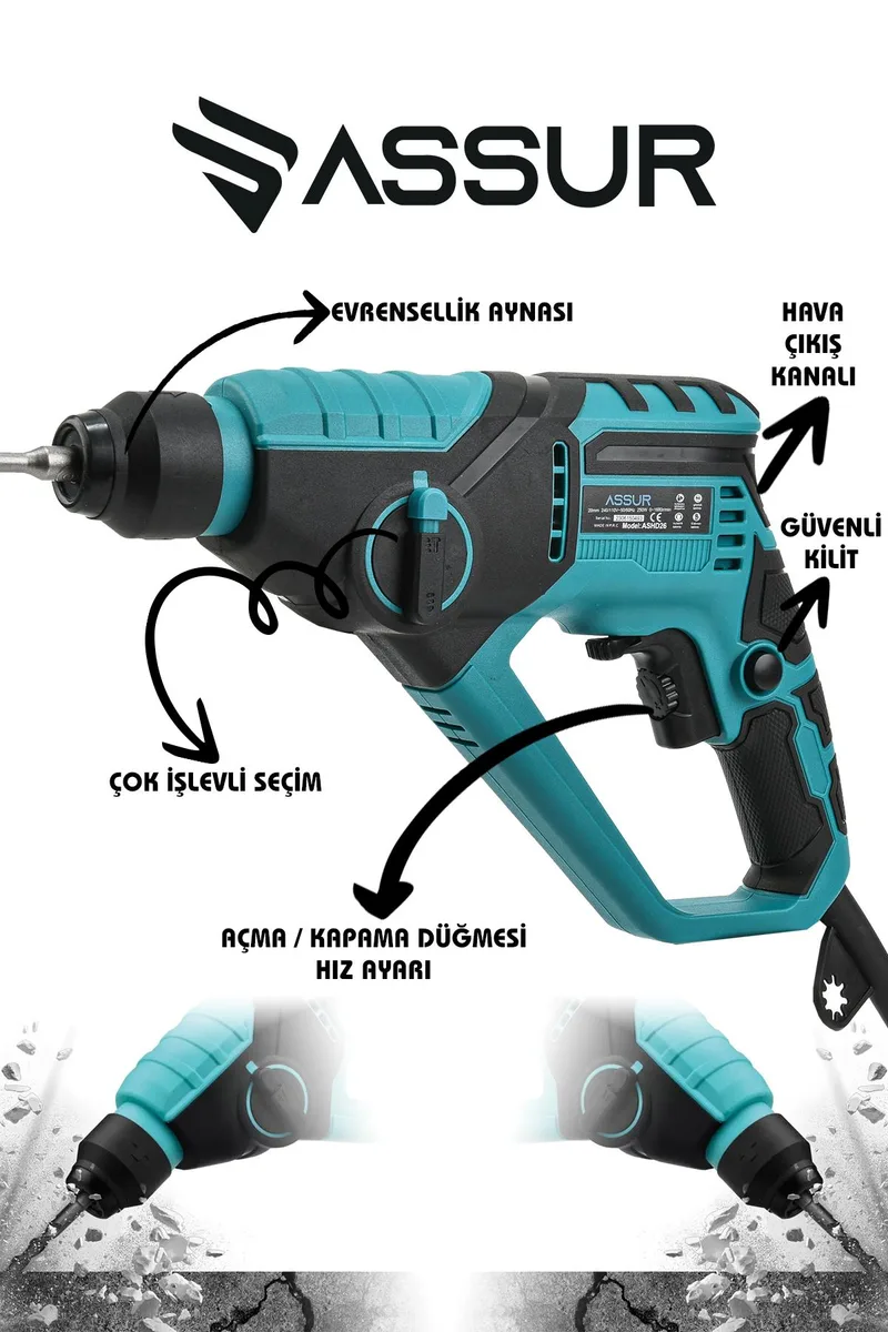 ASSUR 250W 2 Kademeli Bakır Sargılı Darbeli Kırıcı Delici Hilti - Görsel 2